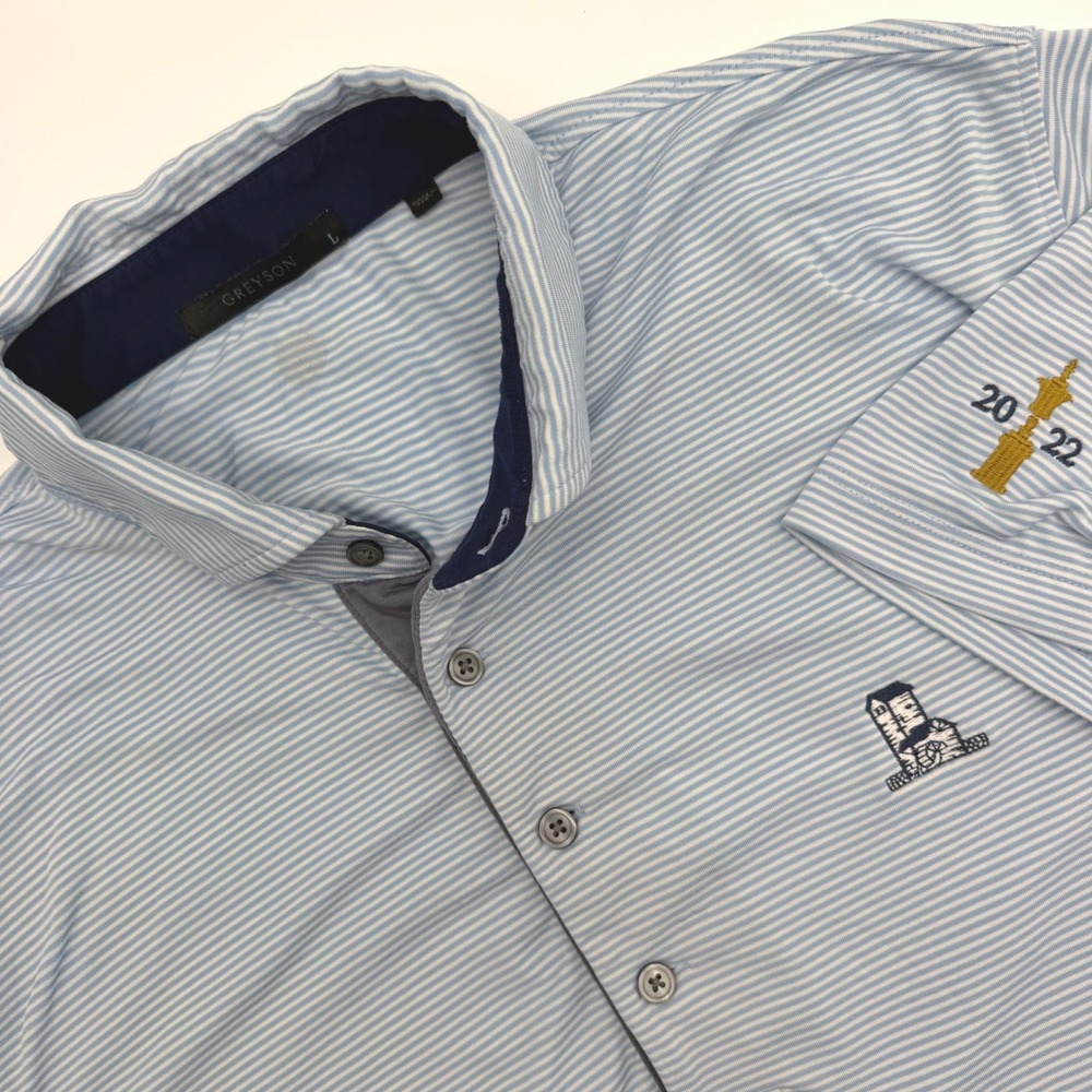 Greyson Mens Golf Polo Shirt Blue White Stripe 2022 Trophy Lighthouse Size L